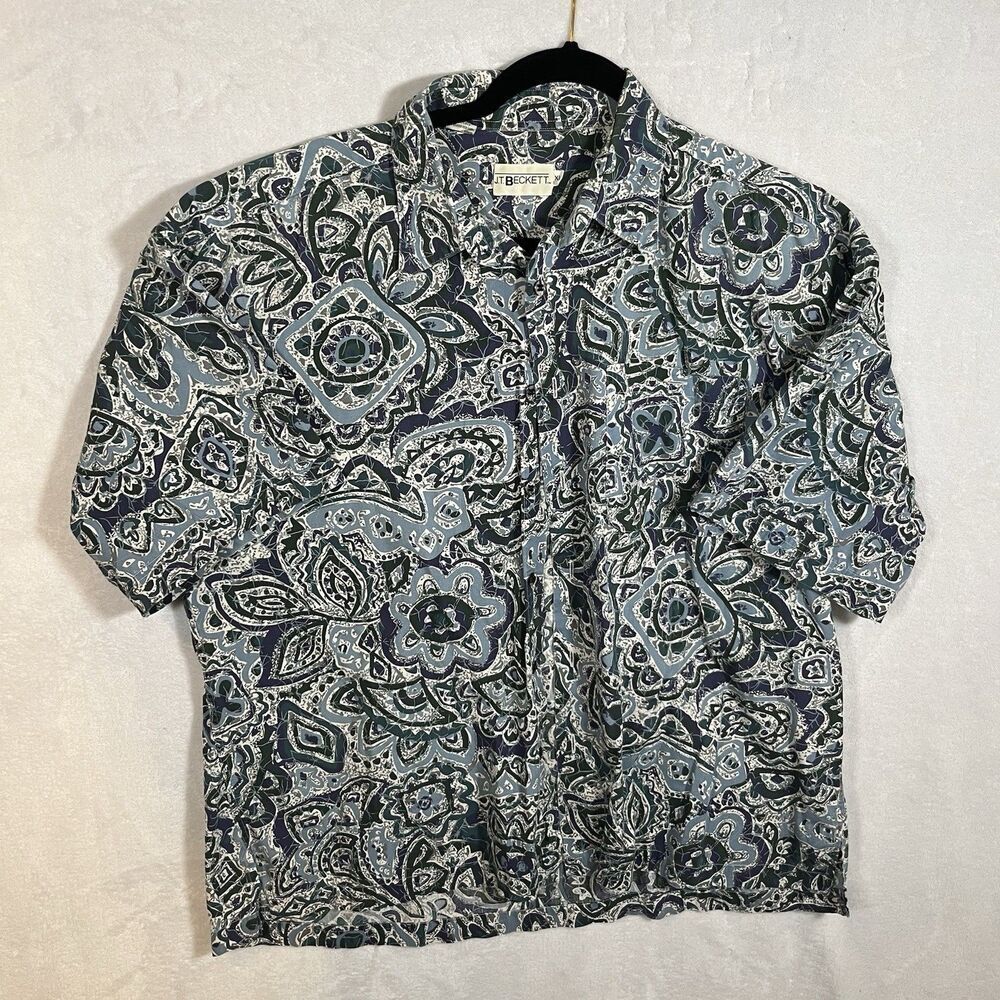 JT Beckett Button Up Hawaiian 100% Cotton Shirt Size XL Green/Blue Paisley Men's